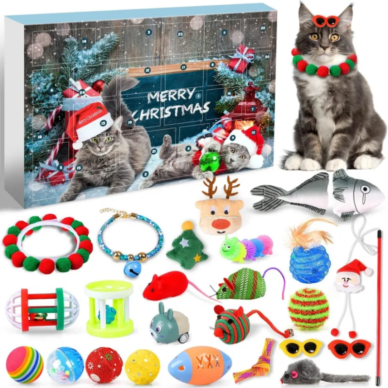 

2024 Christmas Countdown Cat Toys Advent Calendar Christmas Cat Bow Interactive Pet Toys Christmas Teaser Pet Cat Toy Set