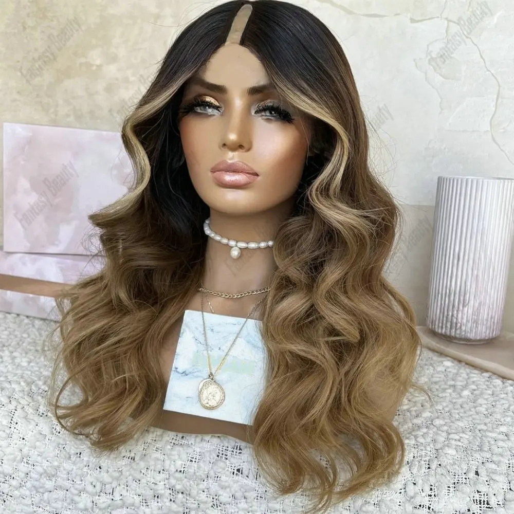 Wig Bagian V Ukuran 1X4 Gelombang Tubuh Rambut Manusia untuk Wanita Wig Bagian U Tanpa Lem Coklat Muda Ombre Wig Rambut India Remy Buatan Mesin Penuh