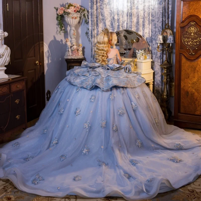 Blue Quinceanera Dresses Off the Shoulder Glitter 3D Flower Crystal Layering Decal Long tail Vestidoe 15 Quinceanera Customize
