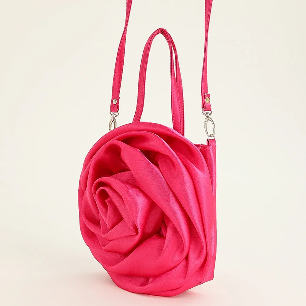 Luxury Rose Handbags Design Silk Pleated Flower Shoulder Bag Women Red Satin Round Evening Purse Wedding Party Clutches Female