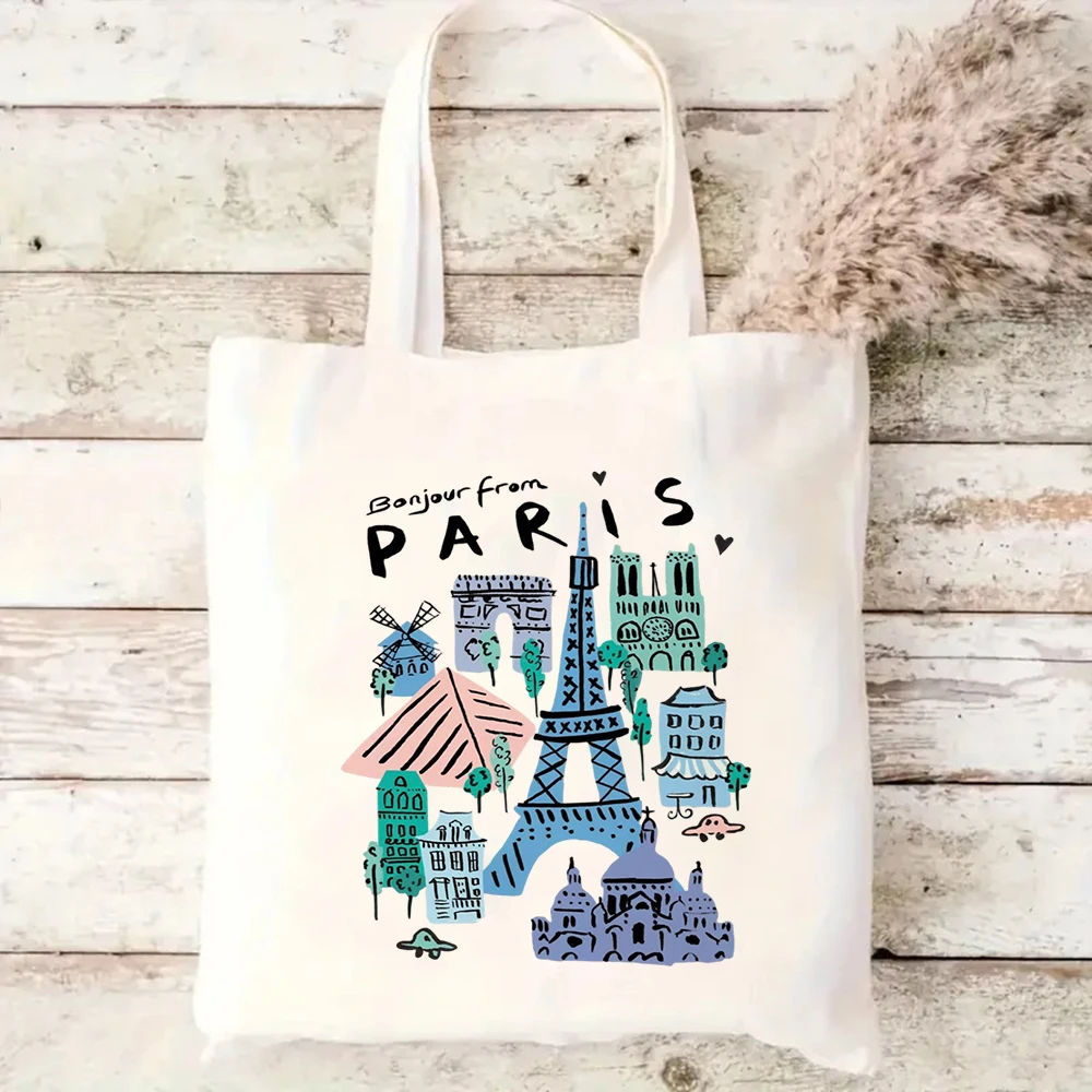 City Landmark Doodle Canvas Tote Bag Paris Tokyo Seoul Print Handbag For Travel Lover Daily Casual Shopping Bag
