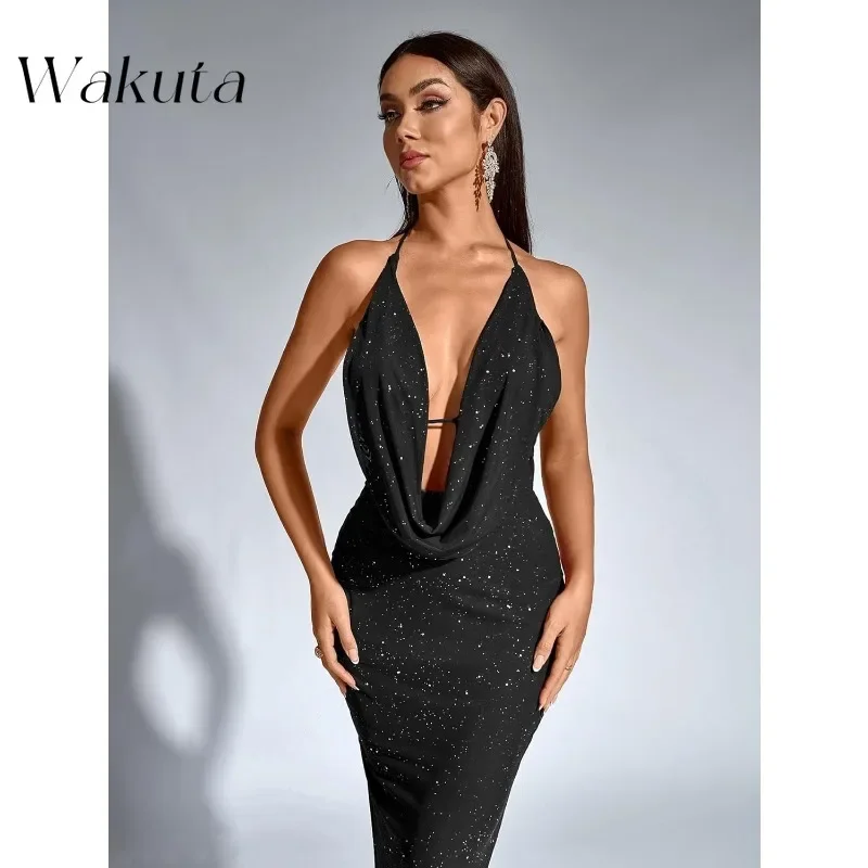 Wakuta Vintage ผู้หญิงเซ็กซี่เลื่อม Bodycon Maxi V คอแยกกลับอย่างเป็นทางการชุดราตรีค็อกเทลปาร์ตี้ยาว Vestidos De Madrina