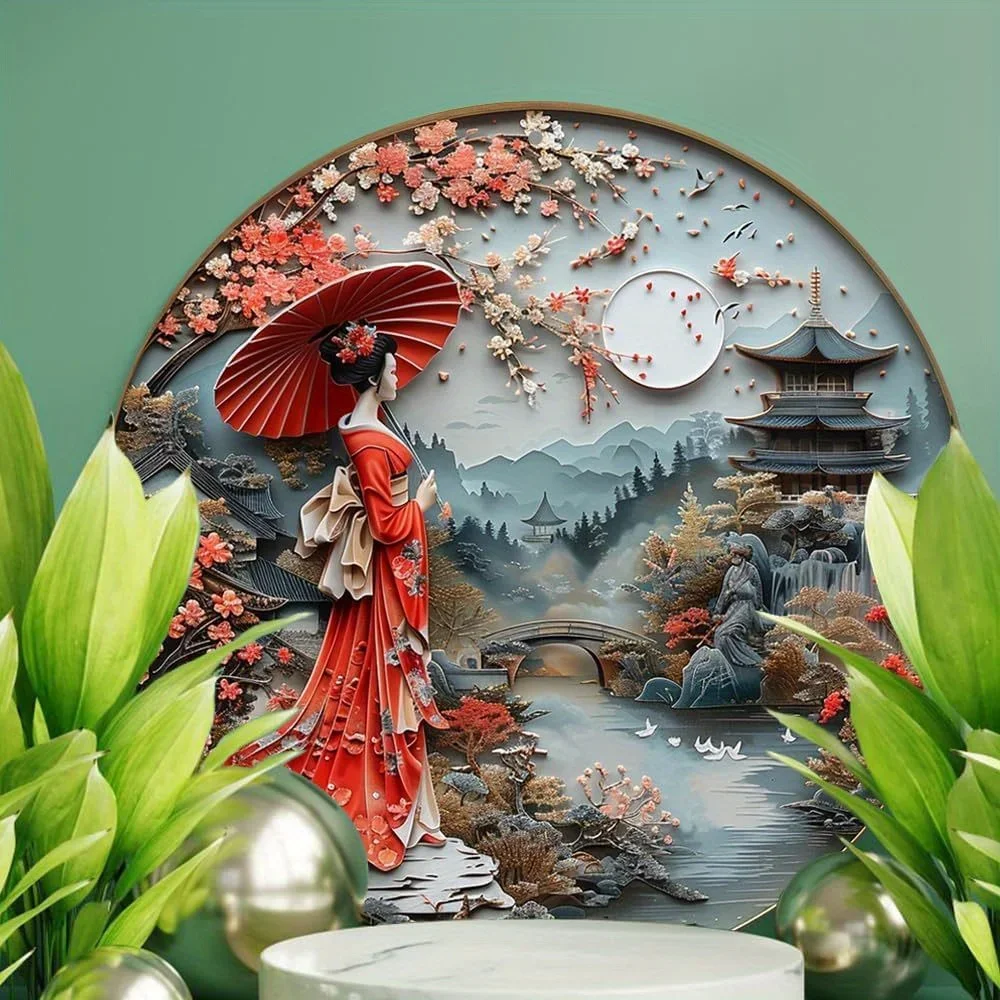 Premium Aluminum Traditional Round Flat Sign, Elegant Woman Kimono Artwork for Office Room, Home Door Decorations, 8in, 11.8in