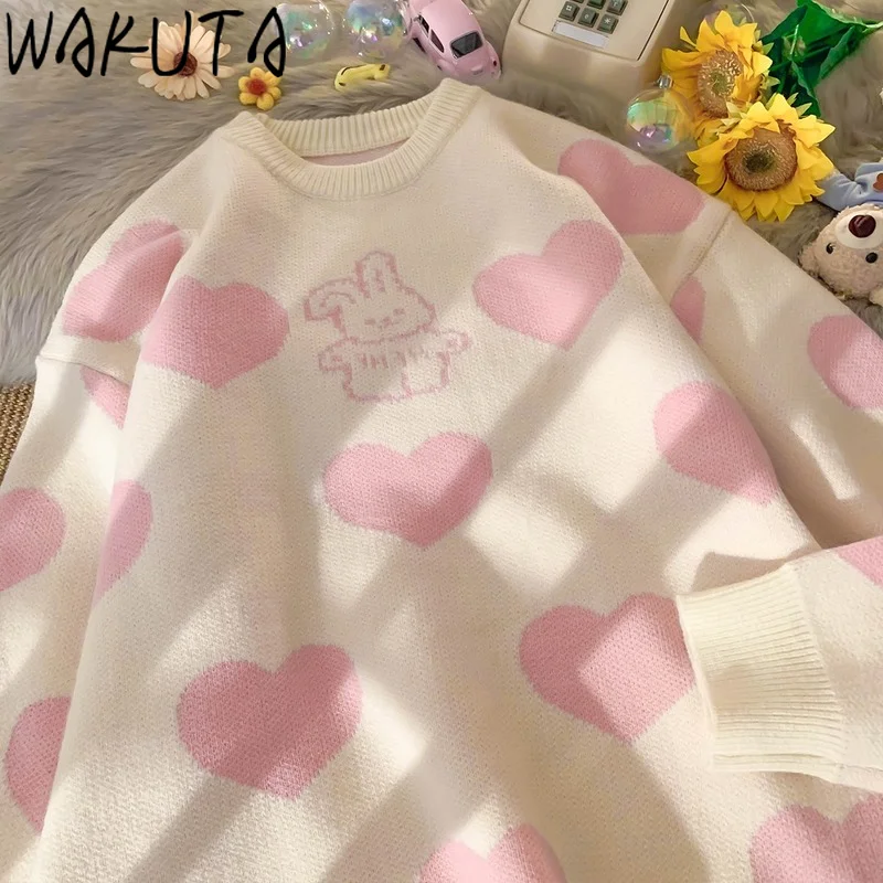 WAKUTA Ins Cute Rabbit Heart Sweaters Women Autumn Winter 2024 Sweet Loose Pink Blue O Neck Knitted Pullovers Korean Fashion