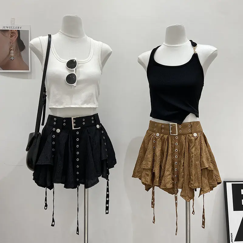 Vintage Irregular Pleated Solid Grunge Women Mini Skirts Summer Sweet Streetwear Skirt Y2k Aesthetic Sexy Faldas Mujer Moda 2024