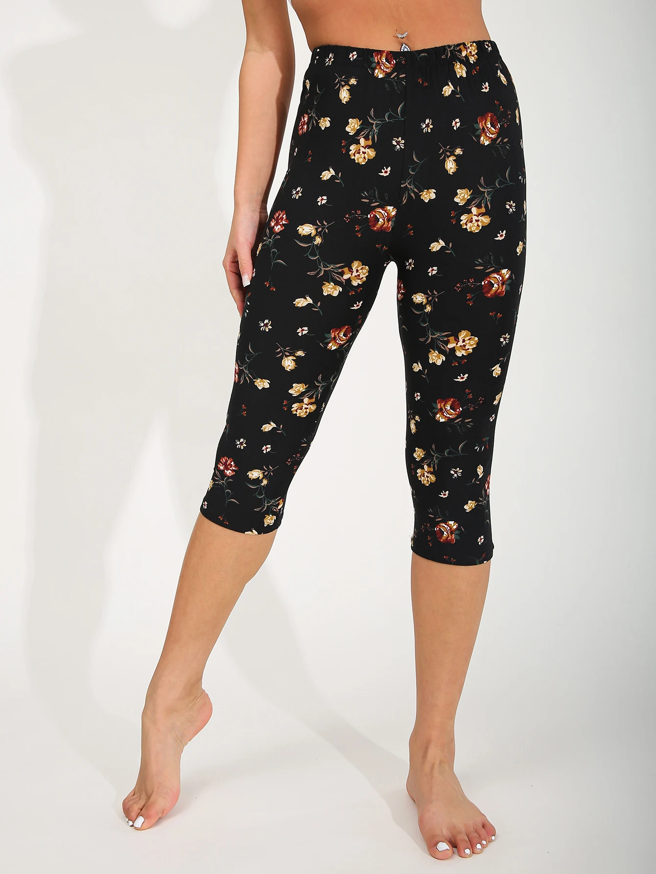 CUHAKCI Spring Summer Fashion Brushed Women's Legging Sexy Simple Yellow Flower Seven Part Pants Elastic Fitness Yoga Pants