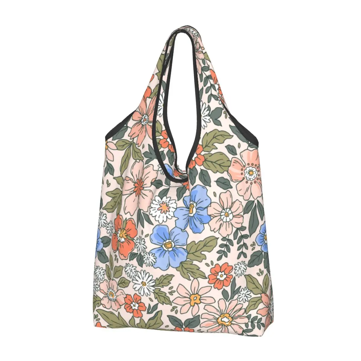 Elegant Floral Pattern Shopping Bags Foldable Grocery Tote Bags Large Capacity Hawaiian Flower Recycling Bags Washable Handbag