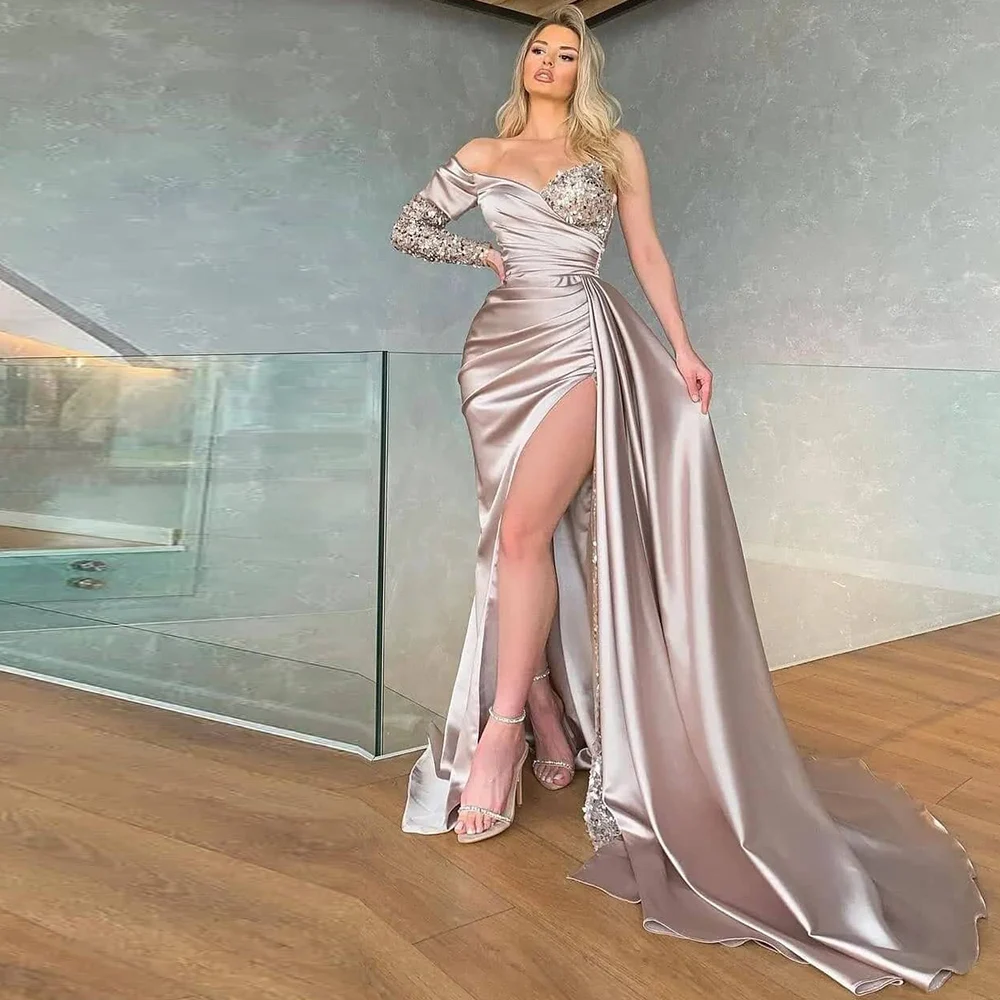 

Luxury Evening Dresses 2024 Satin Sheath/Column Formal Dress Champagne Off-the-shoulder Draped Pleat Crystals Prom Gown Long