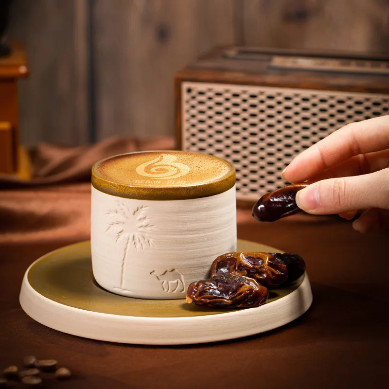 Espressotasse aus Steinzeug aus dem Nahen Osten – handbemalte Kamel-Keramikbecher, Wüsten-Souvenir-Geschenkset mit arabischem Design