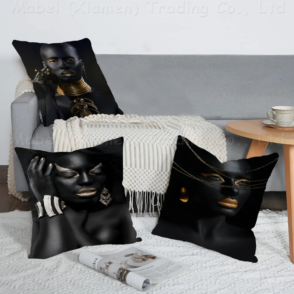 

Black Skin Woman Golden Makeup Maple Design Cushion Cover Happy Autumn Harvest Decor Holiday Decorati Pillow Cover