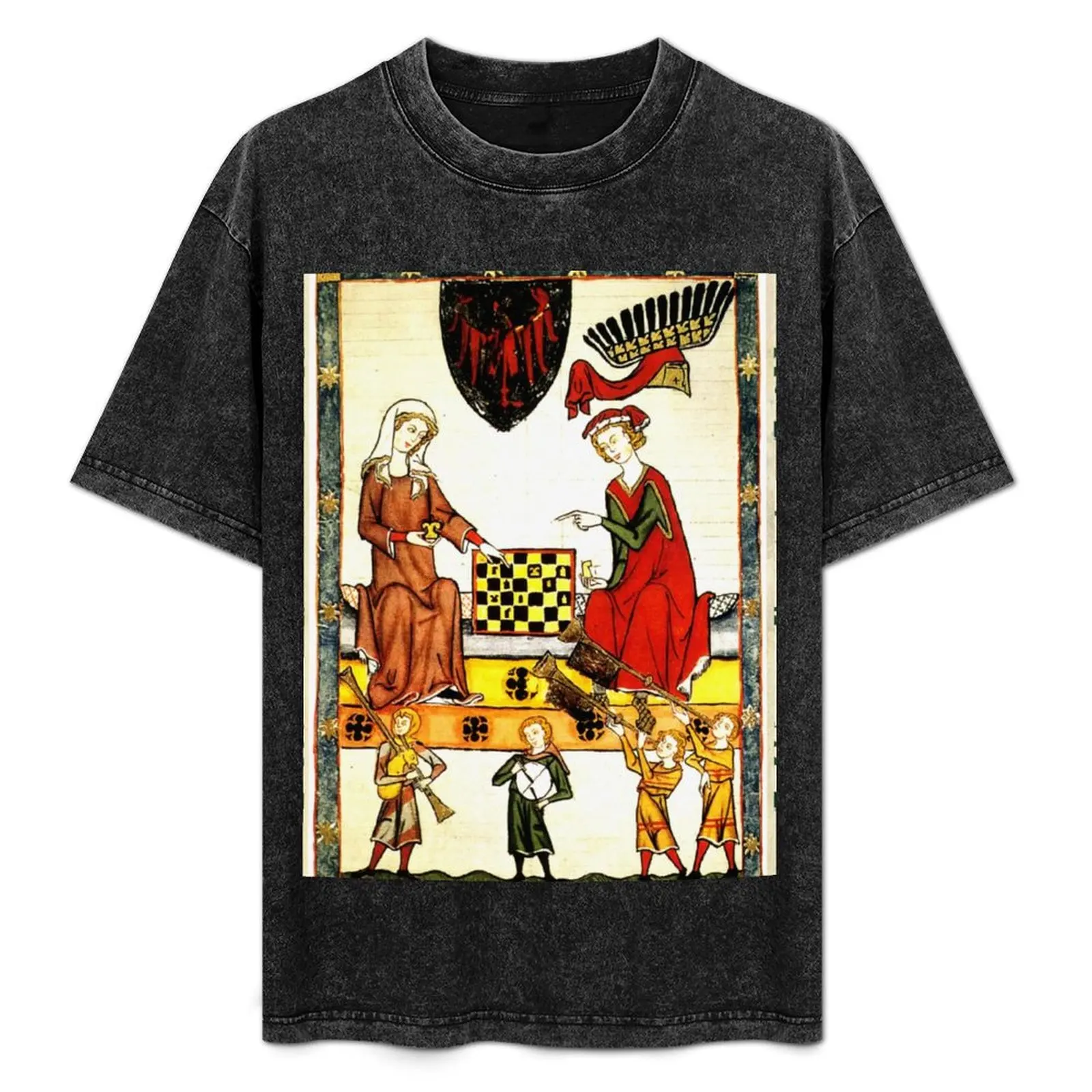 MEDIEVAL CHESS PLAYERS IN COURT WITH MUSICIANS AND RED WILD ROSES T-Shirt blacks Luxury man mens fashion