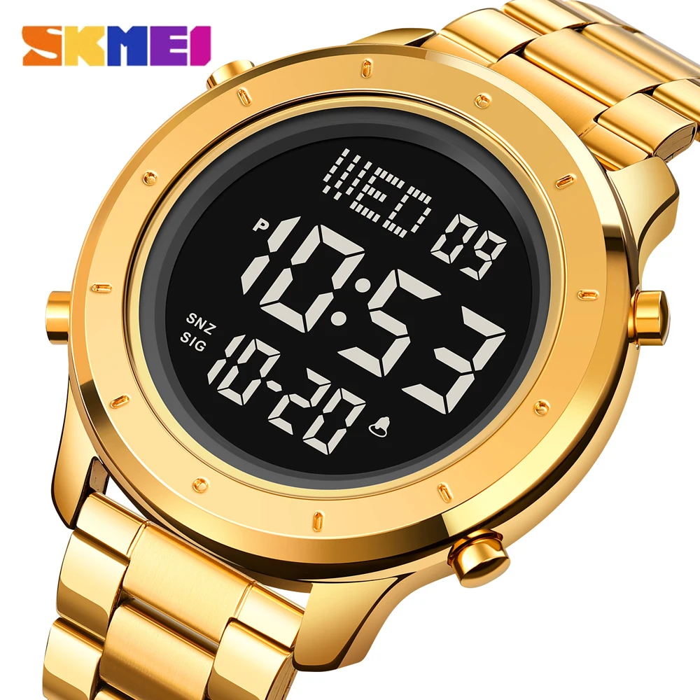 SKMEI Fashion Golden Men Quartz Digital Watch Stainless Steel Luxury Waterproof Military Mens Wrist Watches LED Electronic Clock