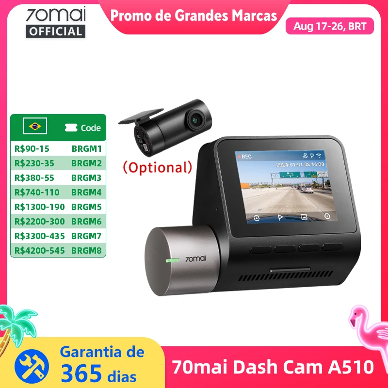 70mai Dash Cam A510 1944P HDR GPS ADAS 4G Conectividade 70mai 4G Front Cam A510 Carro DVR 24H Suporte de Estacionamento Cam Traseira
