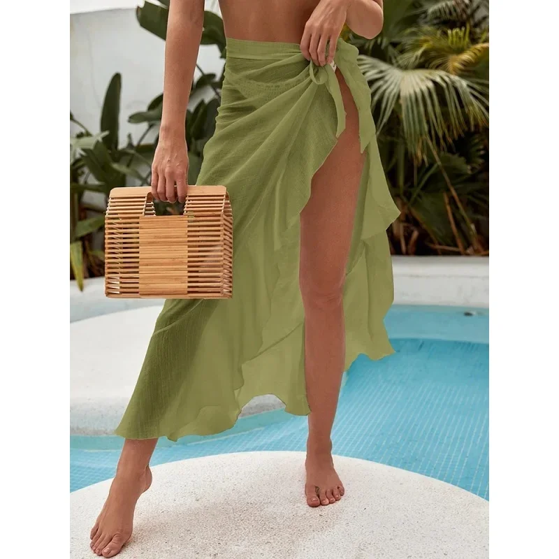 Trendy strandwikkelrok dames effen ruches hoge taille bandage bikini cover-up badpak strandkleding dunne zonnebrandcrème lange rokken