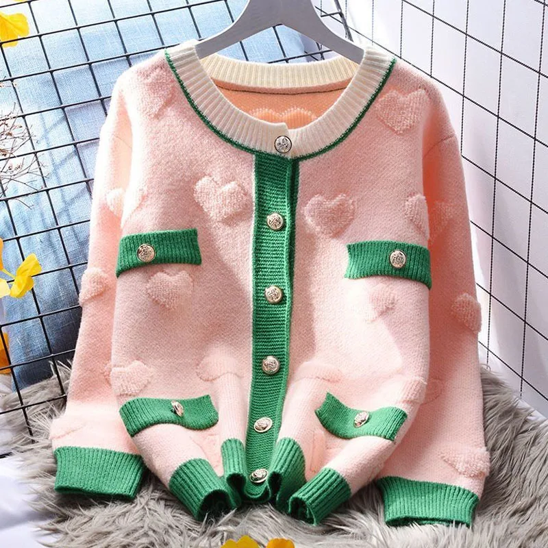 

Spring and Autumn Fashion Trend Color Matching Lazy Style Loose Versatile Round Neck Long Sleeve Knitted Women's Cardigan Coat