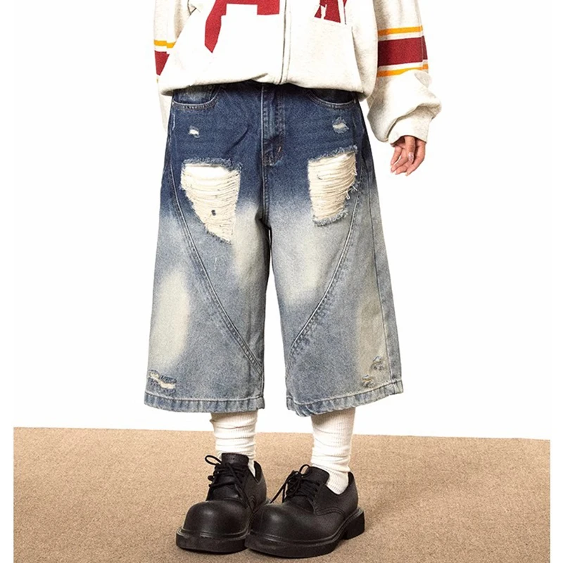 New Arrival Women Denim Shorts In Vintage Style Gradient Hole High Waist Wide Leg Korean Fashion Washed Capris