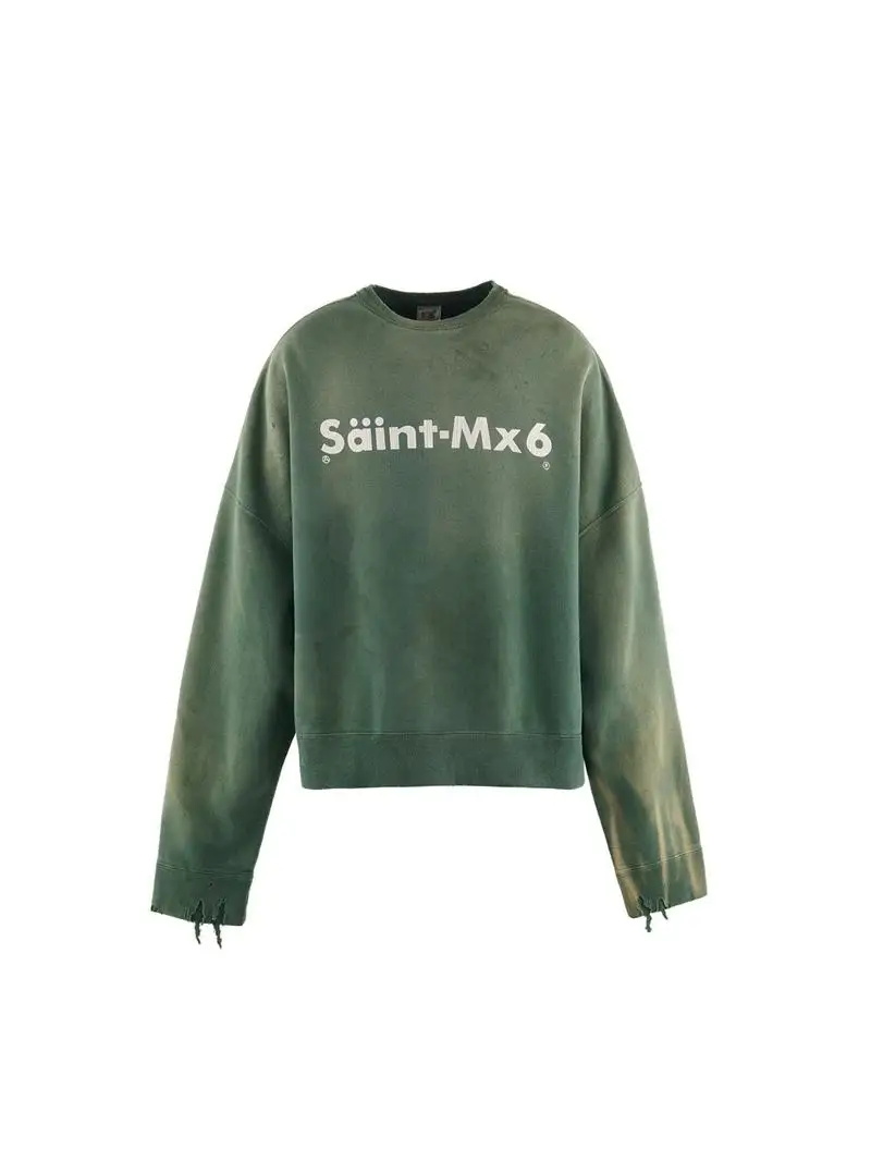 سترة سانت ميشيل بياقة مستديرة، تصميم عتيق بغسيل ثقيل مع طباعة حروف، ملابس فضفاضة عصرية للجنسين بأكمام طويلة #1