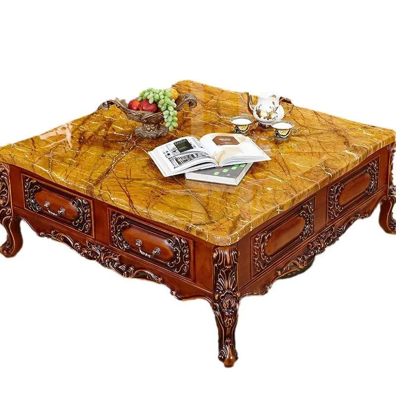 European all solid wood coffee table, living room coffee table, marble surface