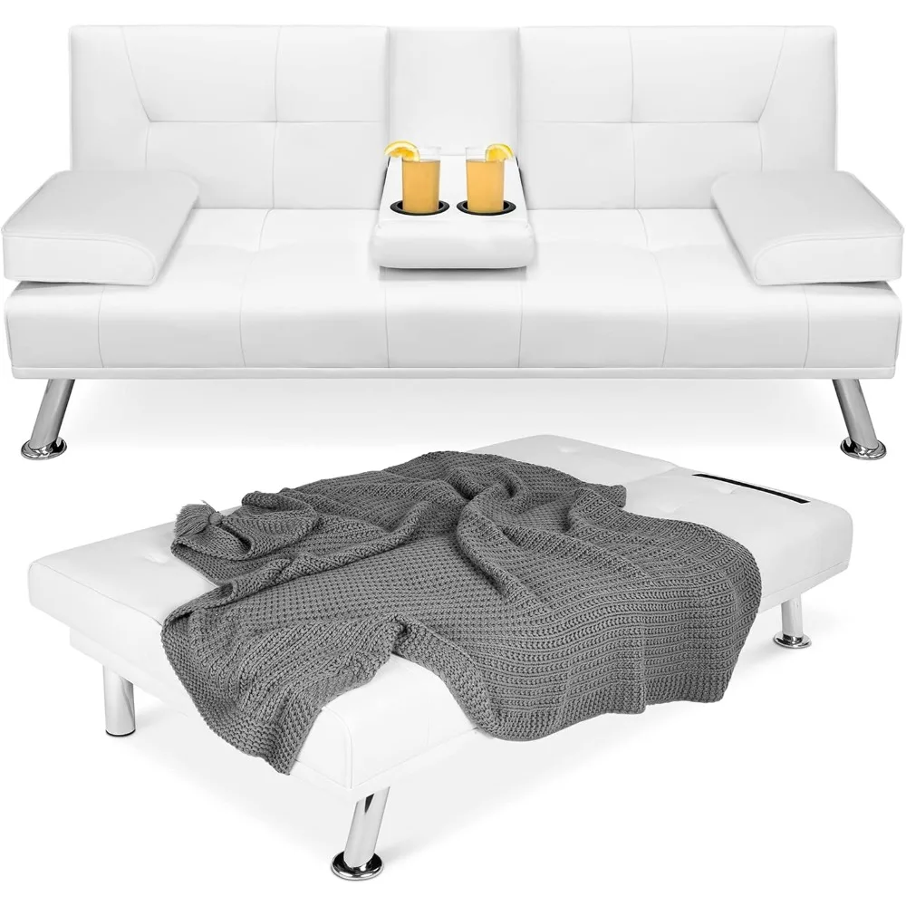 Best Choice White Faux Leather Convertible Futon Adjustable Folding Sofa Bed Removable Armrests Upholstered Modern Guest Bed
