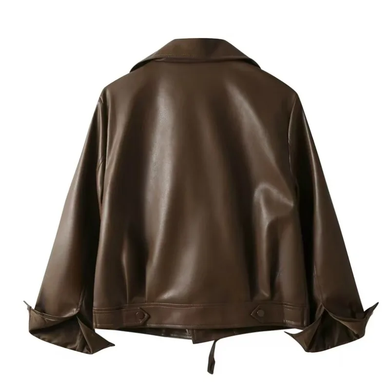 New Cropped Leather Jacket Women Notch Collar Asymmetric Zip Zip Pockets Oversize Solid Street Spring Fall Trendy