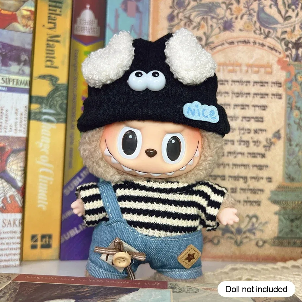 Set di vestiti firmati Labubu V1/V2 da 17 cm - Cappello per cani alla moda e cinturino in denim con camicia a righe, Ropa alla moda per bambole Kawaii