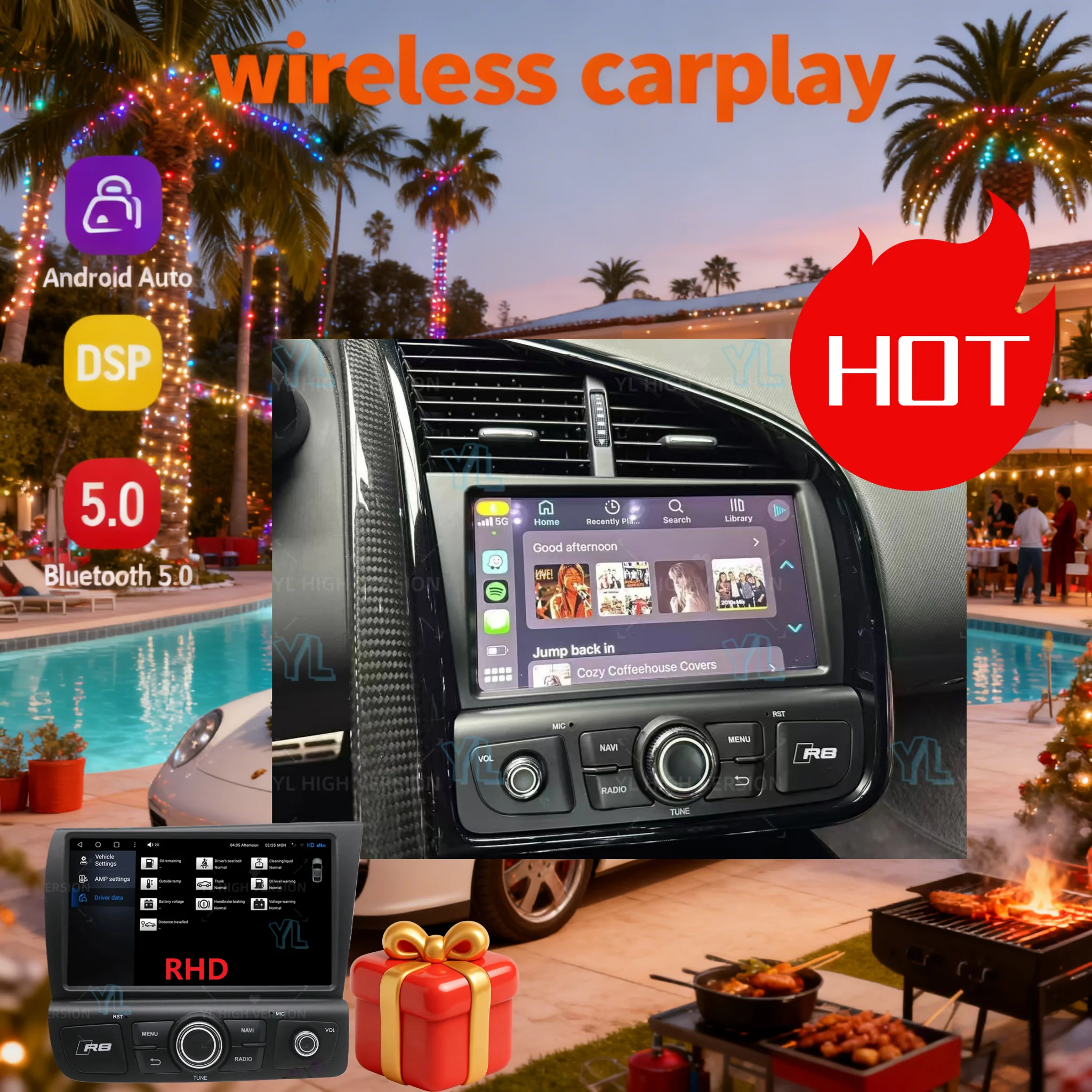 

Беспроводной сенсорный экран Carplay Android 13, для Audi R8 Spyder V8 V10 2007-2015, GPS, авто стерео головное устройство, мультимедиа, автомобильное радио, музыка