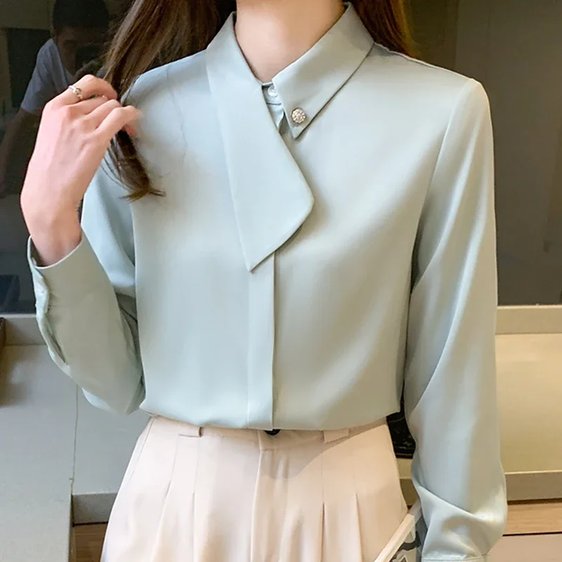 

Women Long Sleeve Chiffon T-shirts 2023 Spring Autumn Turn Collar Office Lady Elegant Fashion Loose Tops Female Patchwork Tshirt