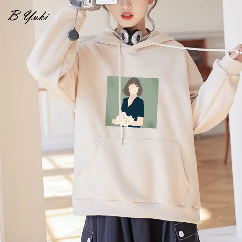 

Blessyuki Autumn Elegant Loose Cotton Sweatshirt Women Warm Printed Long Sleeve Pullovers Female Casual Fleece All-match Hoodies