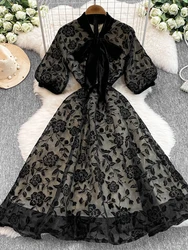 Elegant Flocking Tulle Flower Long Dresses Women 2025 Summer Holiday Half Bubble Sleeve Big Bow Embroidery Midi Party Vestidos