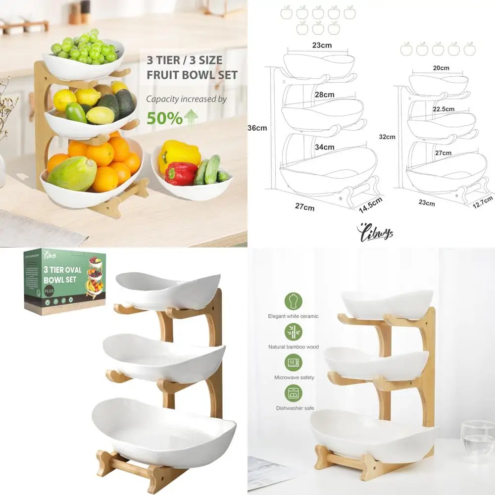 

Ceramic 3-Tier Fruit Bowl with Bamboo Stand - Large Size for Kitchen Counter, Fruit & Vegetable Storage, Dessert Serving, and Sa