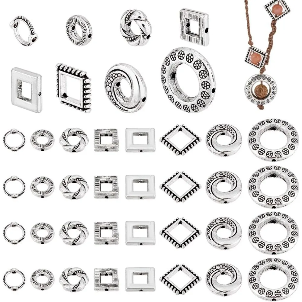 112 pçs 8 estilos molduras de contas de metal molduras de jóias espaçador contas quadradas/redondas conectores de quadro hugger para kit de fabricação diy