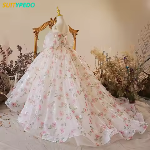 Fancy Floral Tulle Long Evening Dress Flower Girls Dress For Wedding Birthday Party Formal Ball Gowns Bridesmade Long Tail Gowns