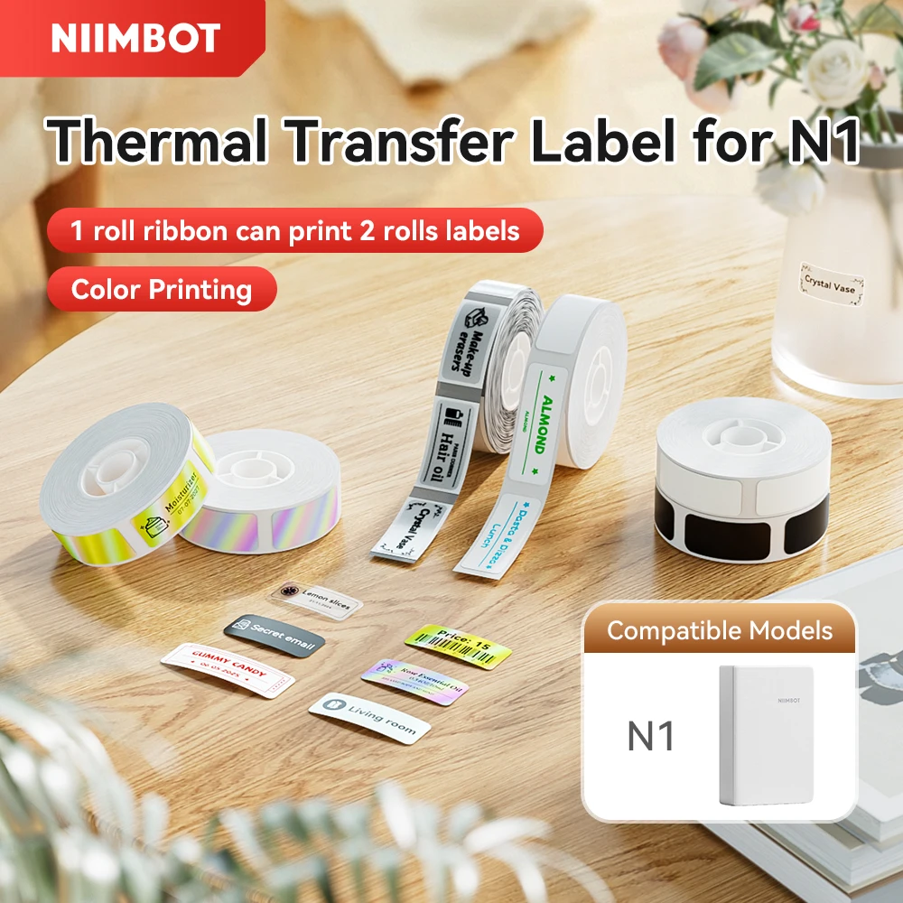 1 Roll Color Ribbon for Niimbot N1 Thermal Transfer Label Printer Switch Name Tag Self Adhesive Sticker Paper for Home Office