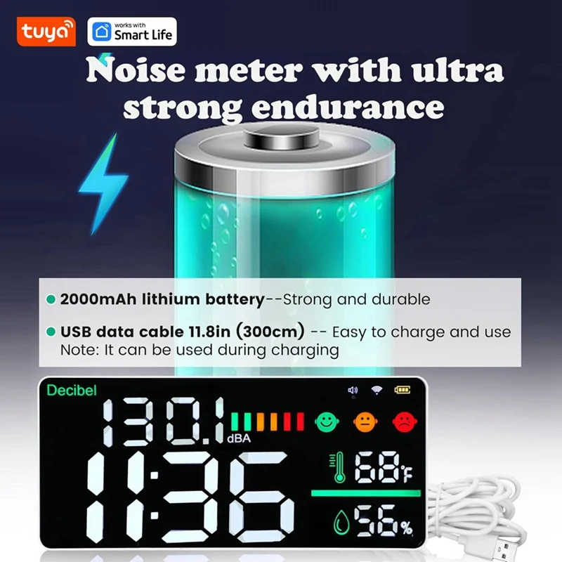 5 in 1 Tuya Smart WiFi Noise Meter CO2 Gas Detector Decibel Meter Temperature Humidity Monitor for Home Classroom-VVNB