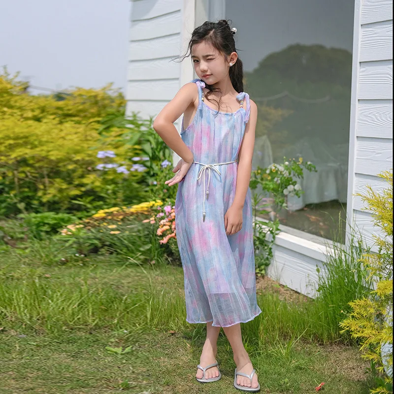 Girls Summer Dress 2024 New Western Style Skirt Big Children Summer Halter Princess Dress Girls Advanced Feeling Gauze Skirt