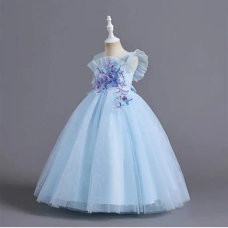 Children Girls' Long Elegant Embroidery Flower Evening Party Dress Kids Ball Gown 4-13 Years Old