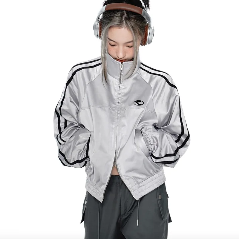 Karrcat Cyber Y2k Silver Jacket Vintage Reflective Techwear Grunge Aesthetics Double Zipper Coat Korean Style Sports Streetwear