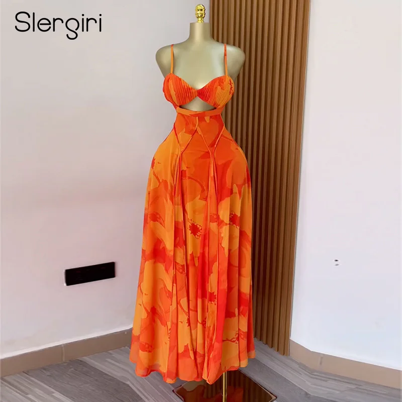 

Slergiri Women's Sexy Backless Print Spaghetti Strap Dresses 2025 Summer High Waist Sleeveless A-line Sweet Elegant Long Dress