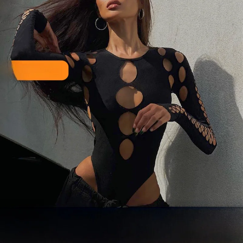 

Sexy Hollow out Design round Ne Long Sve Women's Autumn Crop Top Slimming Street Sle High Waist ort Pants