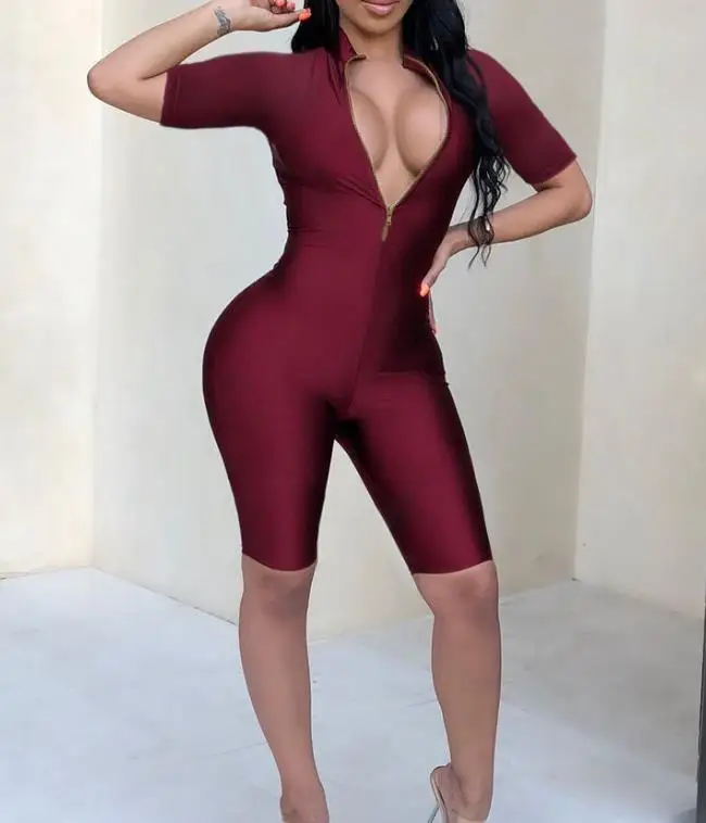

Women's Jumpsuit Summer New Fashion Trend Sexy High Street Style Solid Color Zipper Front Design Tight Short Sleeved Jumpsuit