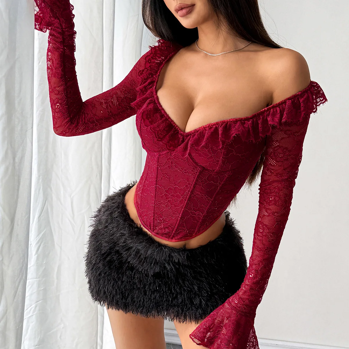 crop t-shirt Women deep v-neck lace corset tops back perspective Long sleeve blouse sexy red and brown Christmas female clothes