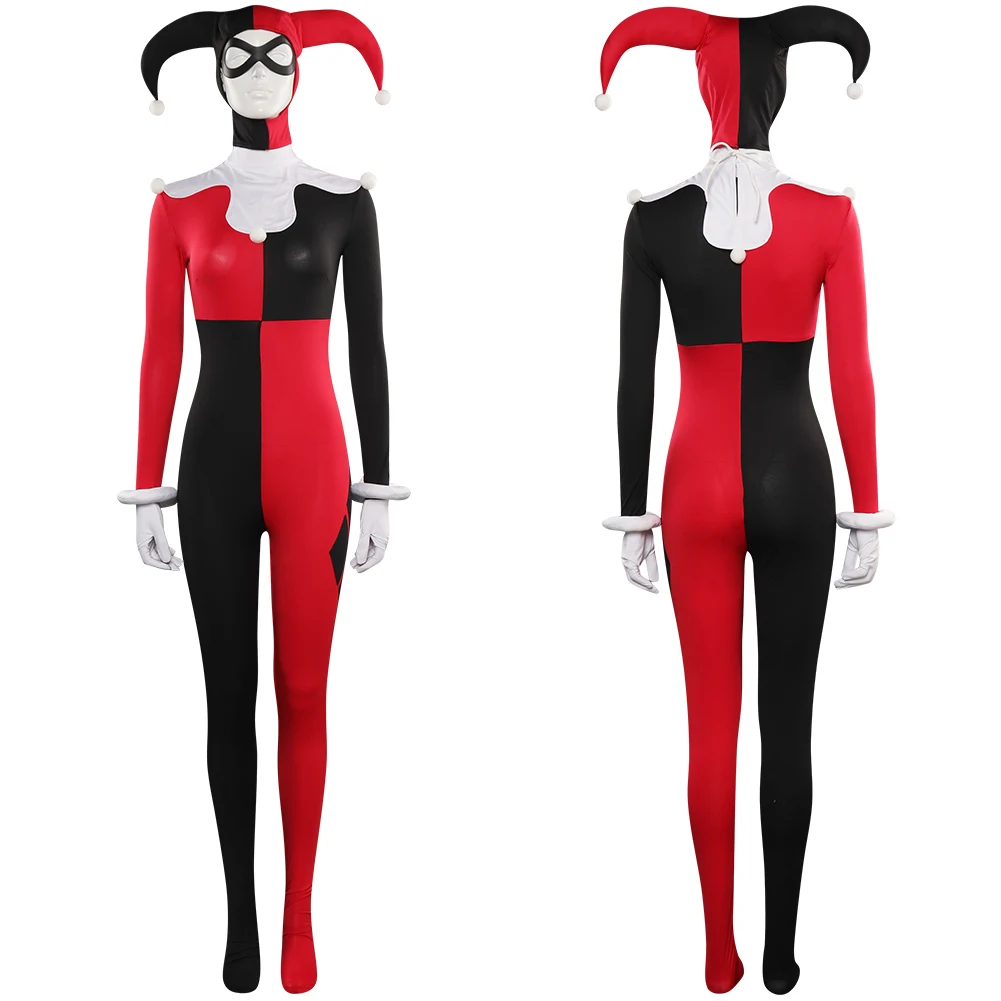 Female Quinzel Cosplay Jumpsuit Mask Costume Outfits For Adult Women Girls Halloween Carnival Suit Role Play Disguise Bodysuit