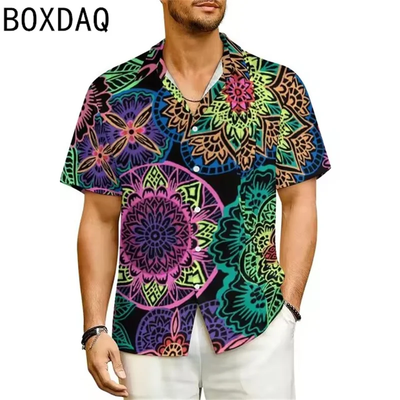 

Men's Hawaii Beach Shirt Retro Gold Mandala Blouses 3D Vintage Bohemian Printed Casual Shirts Summer Short Sleeve Oversized Tops