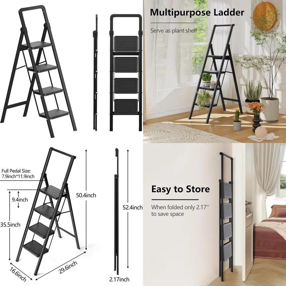 

Portable Multi-Use 4-Step Folding Iron Stool with Anti-Slip Wider Pedals and Handgrip for Home and Outdoor Use