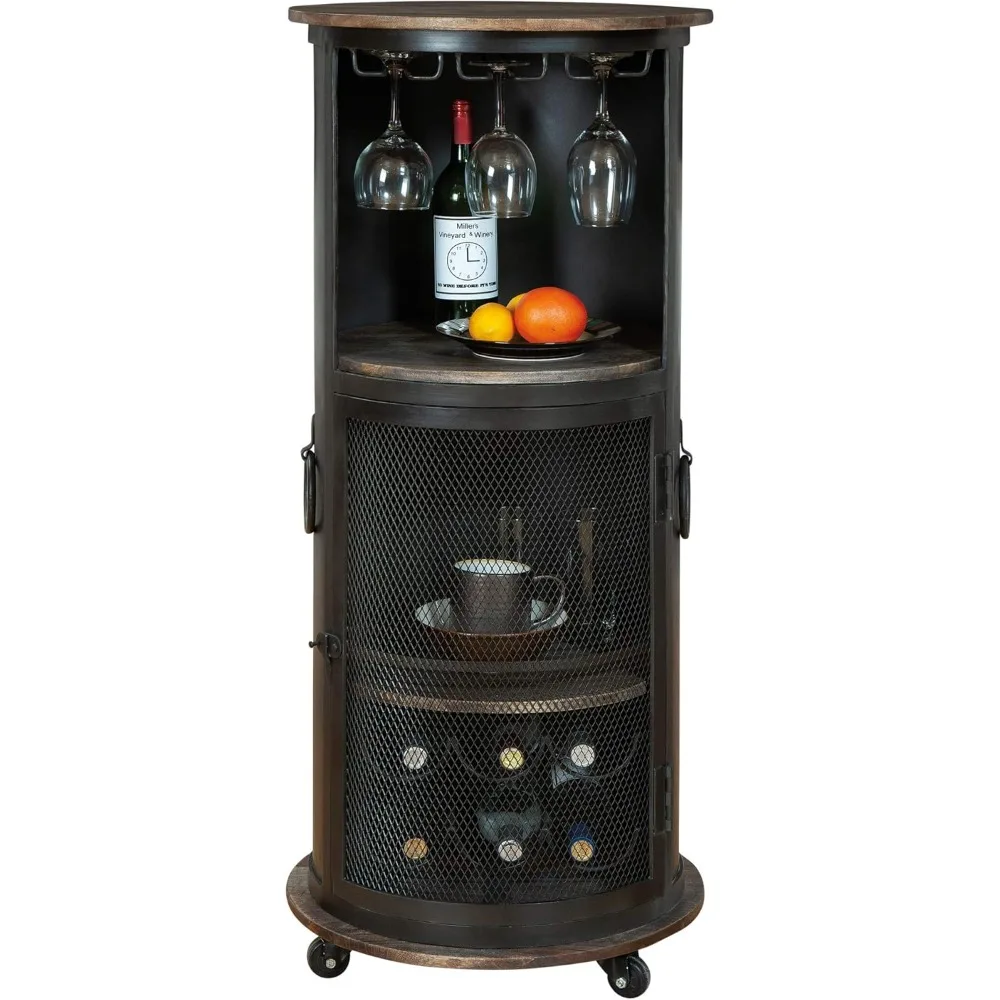 Mueble para vino y bar de media pinte 695-256 – Metal negro de hierro envejecido, tapa y estantes de madera maciza natural, cuatro ruedas portátiles