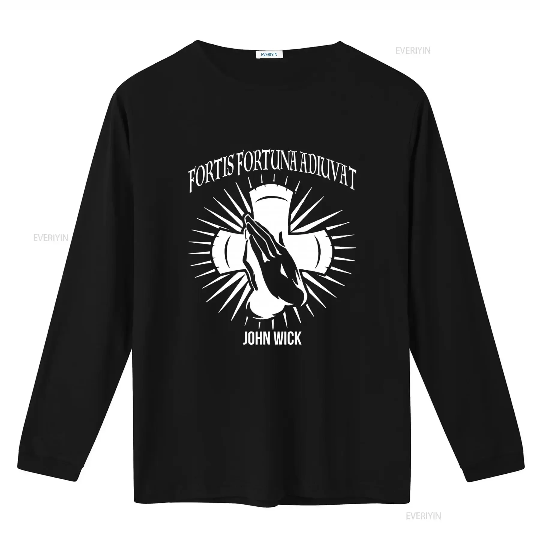 Fortis Fortuna Adiuvat John Wick T Shirt Stylish Design with Cross and Praying Hands Print for Men vintage Washed Unisex