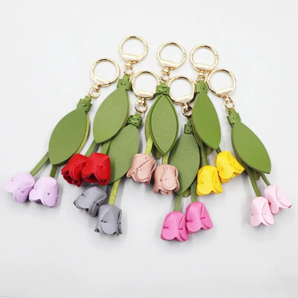 Portable Sweet Tulip Bag Pendant PU Leather Korean Style Car Key Chains Bag Match Accessories Dopamine Floral Lanyard Lady