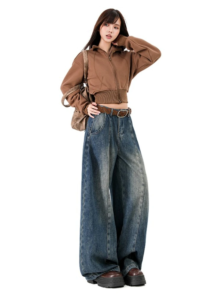 الأمريكية الرجعية أفخم منحني سكين السراويل الخريف الشتاء جديد فضفاض التخسيس المرأة الجينز كسول مستقيم الساق واسعة الساق سراويل جينز #5