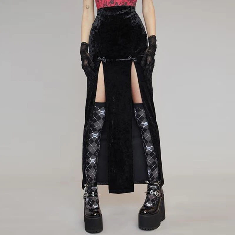 Women's Gothic style dark bow suede double slit long skirt