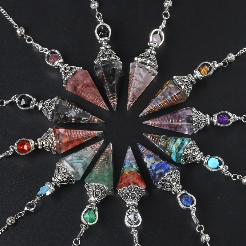 18x60mm Natural Gravel Resin Hexagonal Cone Pendulum Pendant Colorful Crystal Antique Red Bronze Flower Rest Spirit Pendulum